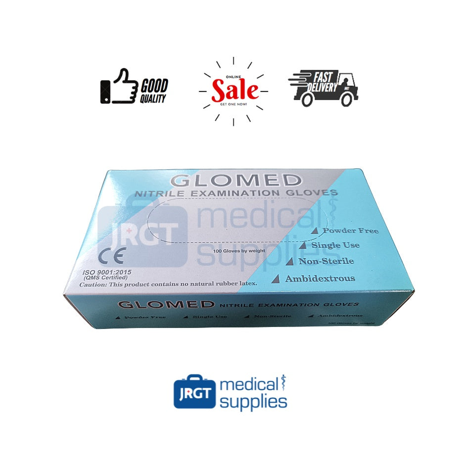 Glomed Slim Blue Nitrile Gloves (100pcs) | Powder-Free Disposable Gloves | JRGT Medical Supply