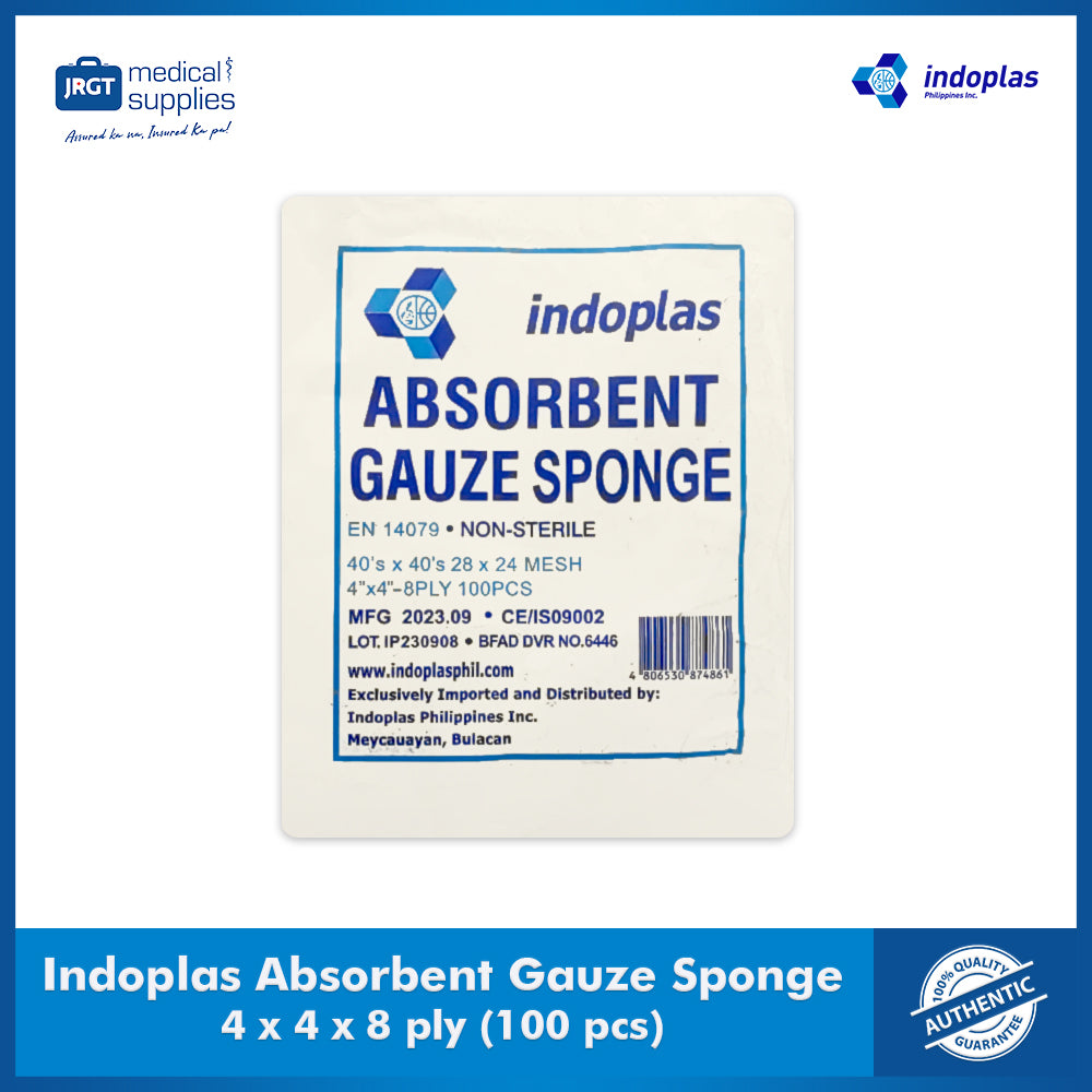 Indoplas Gauze Sponge 4x4 8-Ply Non-Sterile Pads for Wound Care and First Aid (100 pcs)